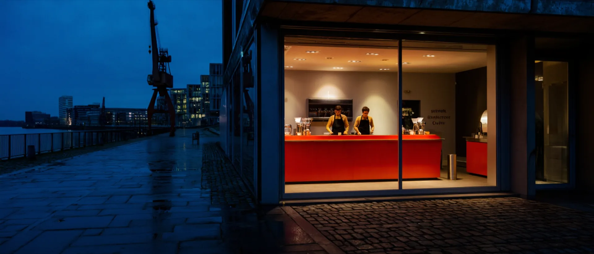 The Brüh. Hafen shop at dusk, its red counter glowing through the window onto the wet quayside.